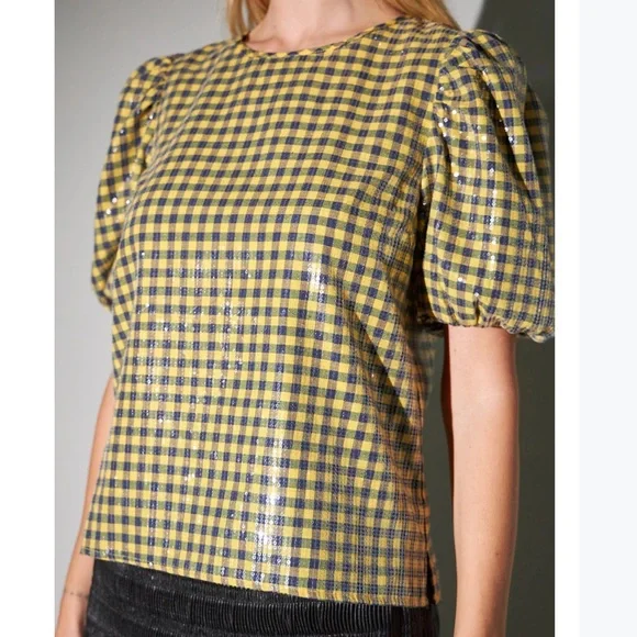 ENGLISH FACTORY SEQUINS PUFF SLEEVE GINGHAM TOP SMALL - Picture 7 of 9